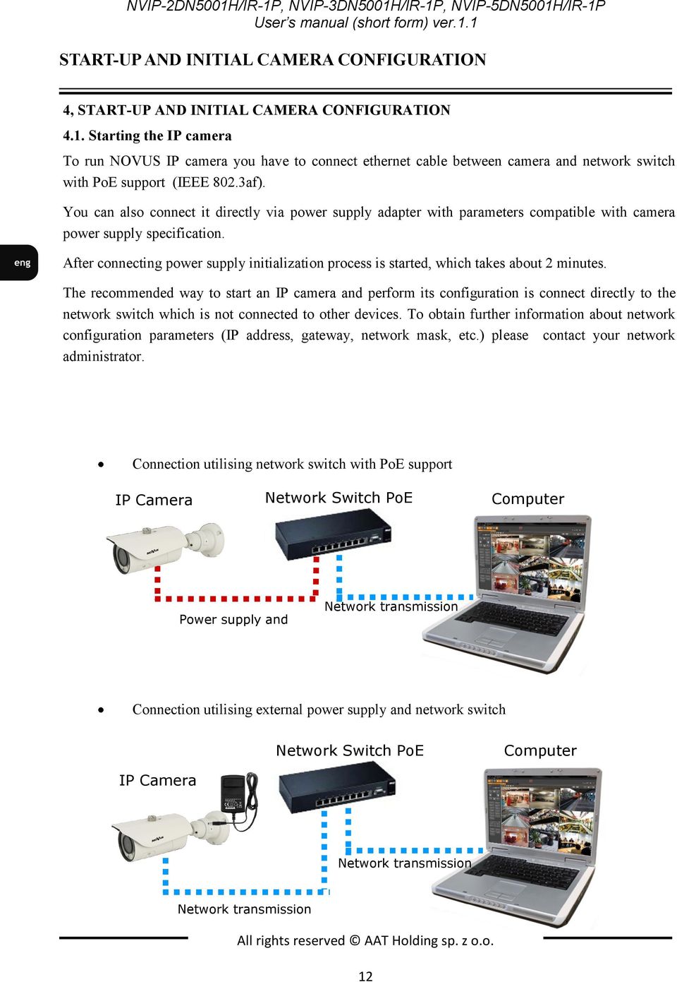 After connecting power supply initialization process is started, which takes about 2 minutes.