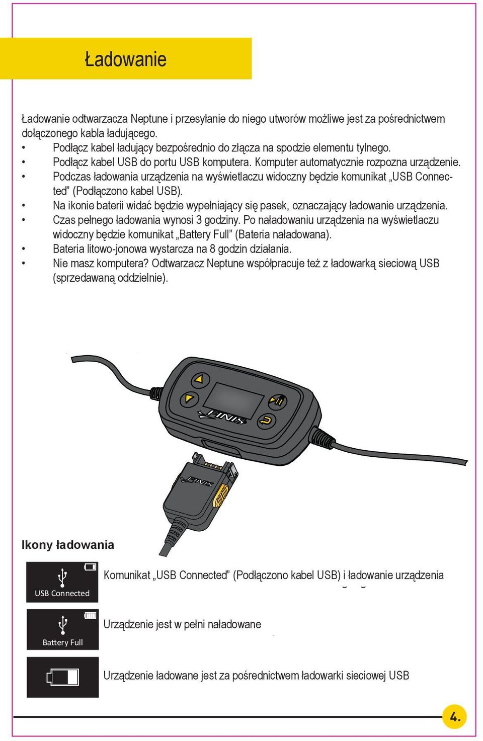 Podłącz kabel ładujący bezpośrednio do złącza na spodzie elementu tylnego. Plug Podłącz the kabel USB USB directly do portu in USB to the komputera. computer s Komputer USB automatycznie port.