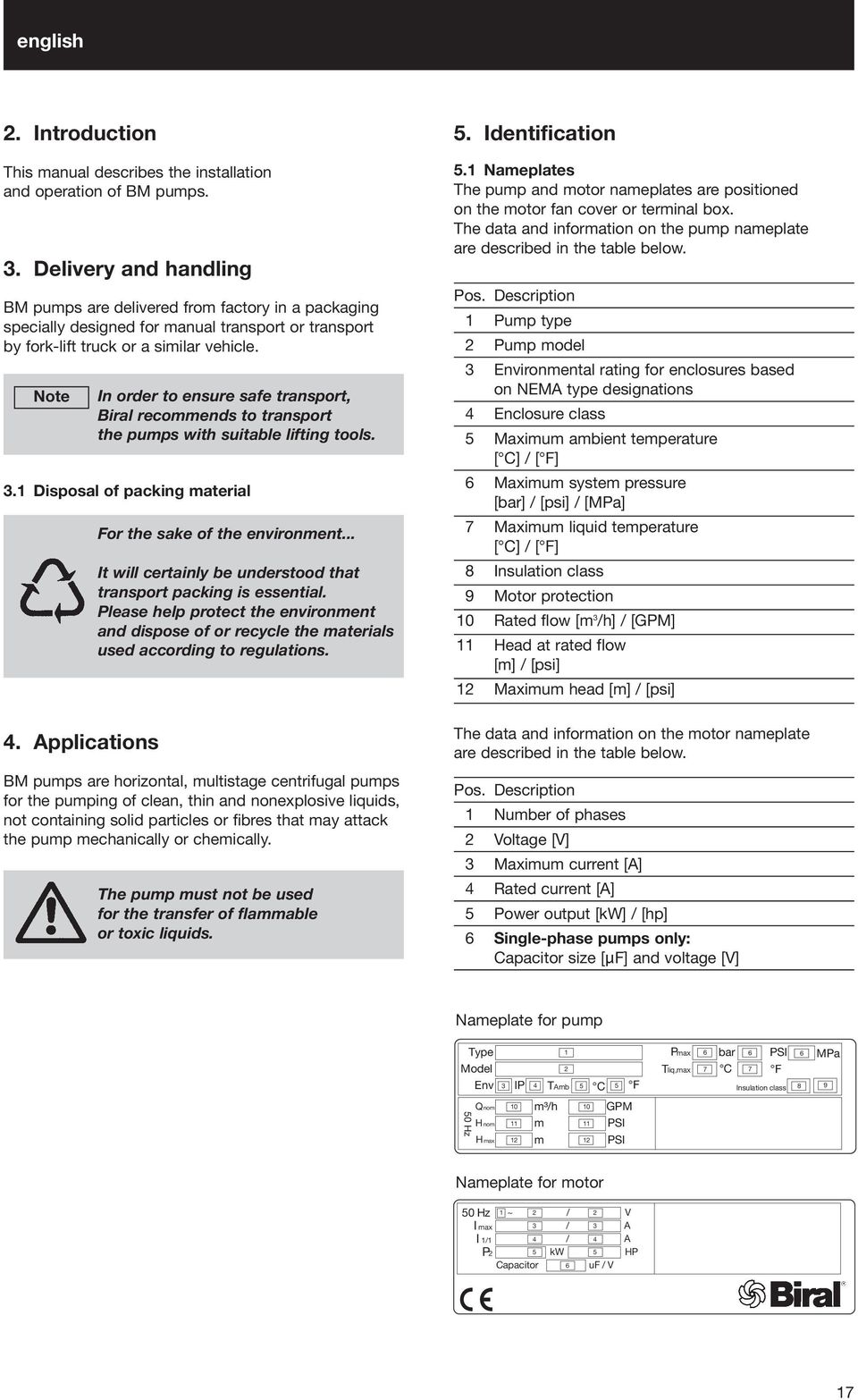 Applications In order to ensure safe transport, Biral recommends to transport the pumps with suitable lifting tools. 3.1 Disposal of packing material For the sake of the environment.