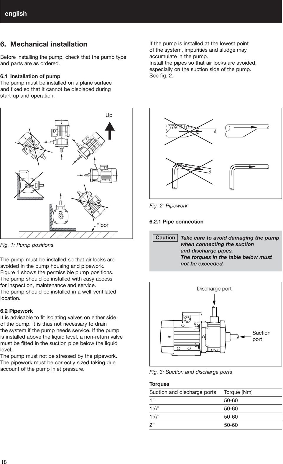 Install the pipes so that air locks are avoided, especially on the suction side of the pump. See fig. 2. Up Fig. 2: Pipework Floor 6.2.1 Pipe connection Fig.