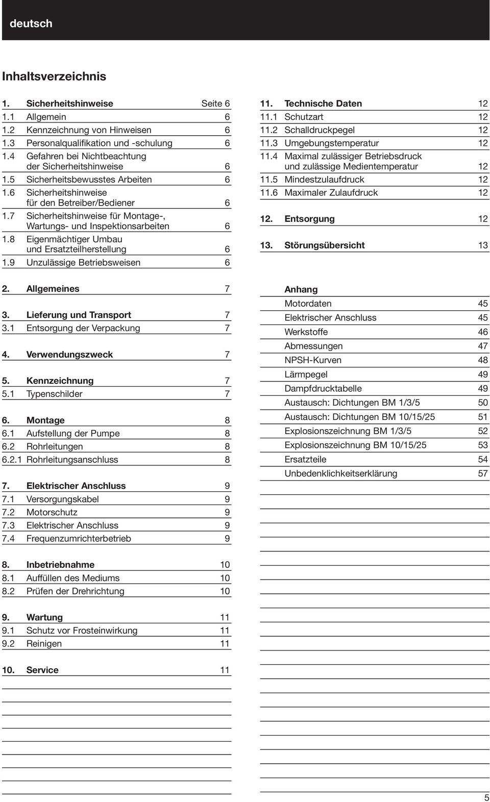 7 Sicherheitshinweise für Montage-, Wartungs- und Inspektionsarbeiten 6 1.8 Eigenmächtiger Umbau und Ersatzteilherstellung 6 1.9 Unzulässige Betriebsweisen 6 11. Technische Daten 12 11.