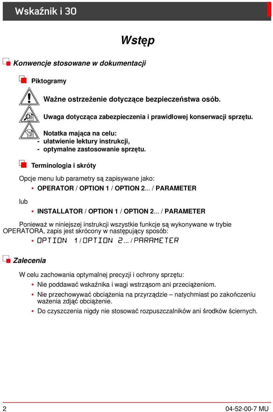 .. / PARAMETER lub INSTALLATOR / OPTION 1 / OPTION 2.