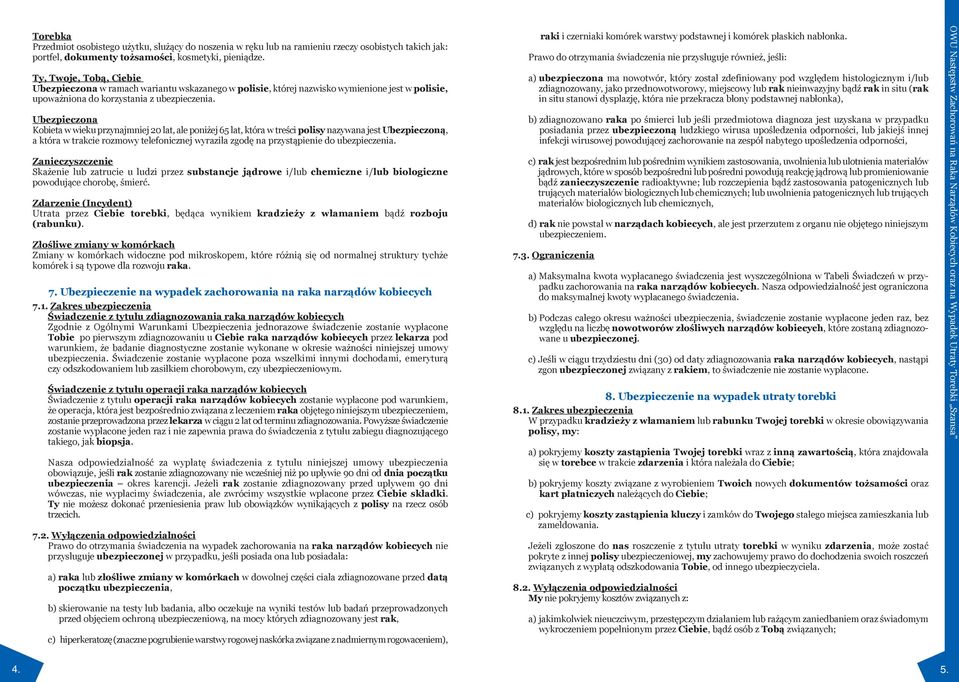 Ubezpieczona Kobieta w wieku przynajmniej 20 lat, ale poniżej 65 lat, która w treści polisy nazywana jest Ubezpieczoną, a która w trakcie rozmowy telefonicznej wyraziła zgodę na przystąpienie do