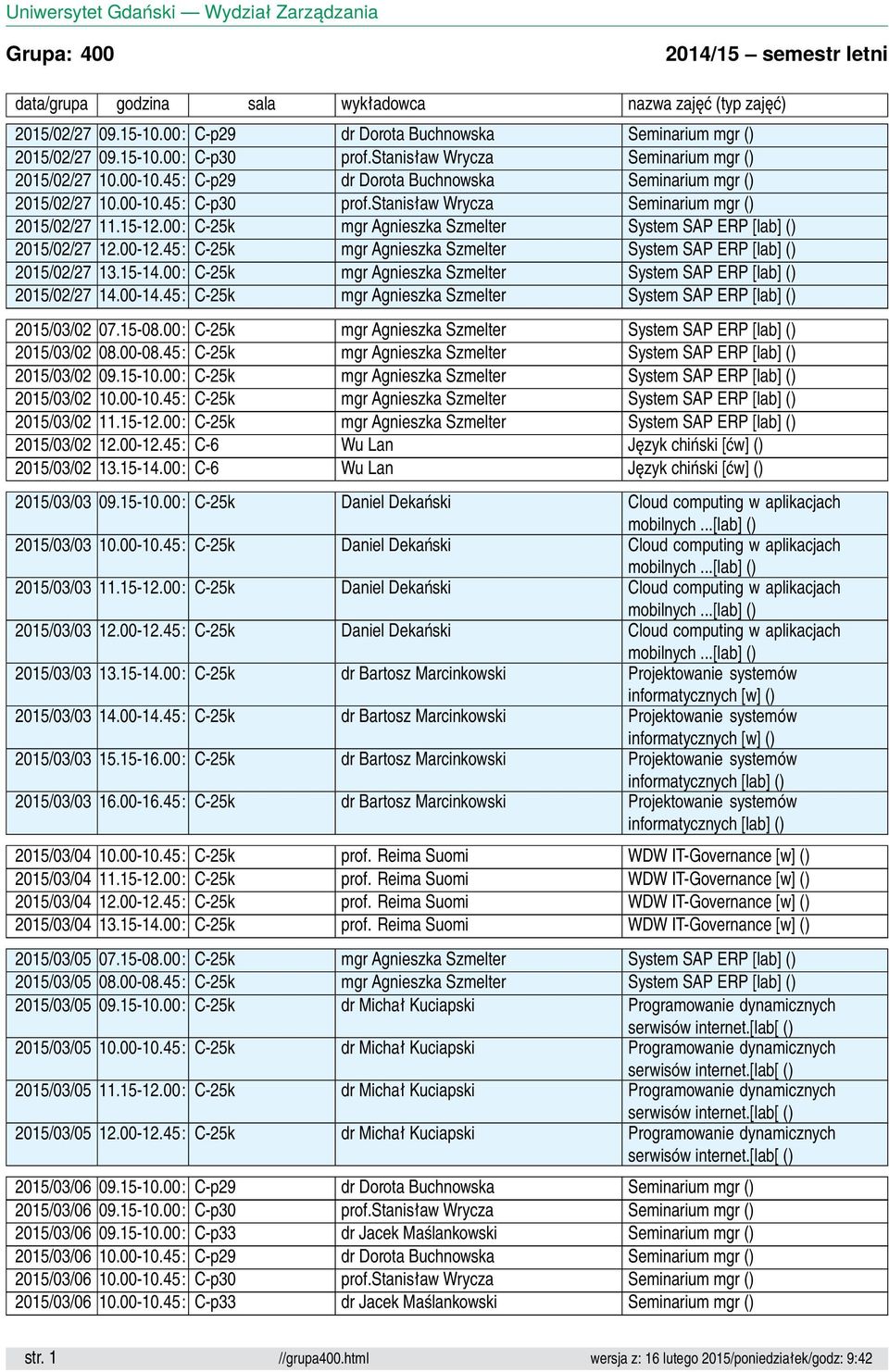 00: C-25k mgr Agnieszka Szmelter System SAP ERP [lab] () 2015/02/27 12.00-12.45: C-25k mgr Agnieszka Szmelter System SAP ERP [lab] () 2015/02/27 13.15-14.