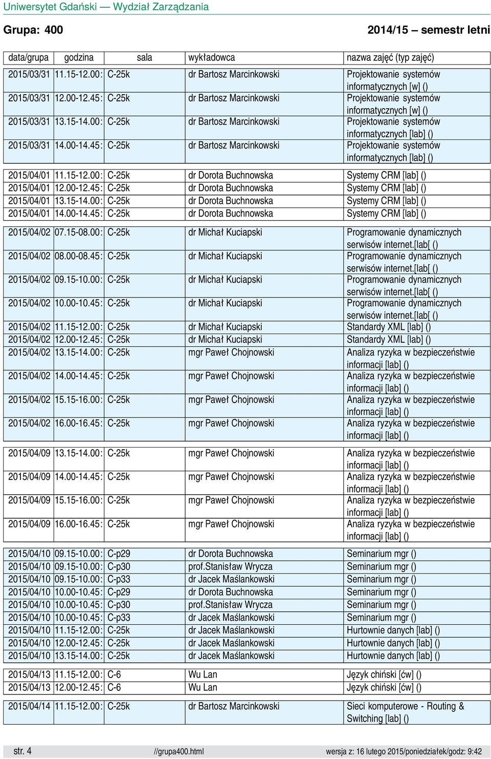 00: C-25k dr Dorota Buchnowska Systemy CRM [lab] () 2015/04/01 12.00-12.45: C-25k dr Dorota Buchnowska Systemy CRM [lab] () 2015/04/01 13.15-14.