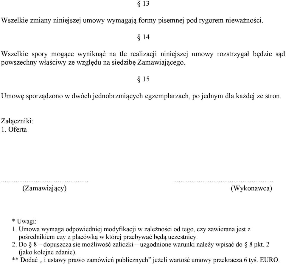 15 Umowę sporządzono w dwóch jednobrzmiących egzemplarzach, po jednym dla każdej ze stron. Załączniki: 1. Oferta...... (Zamawiający) (Wykonawca) * Uwagi: 1.