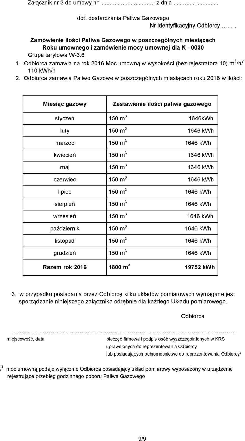 Odbiorca zamawia na rok 2016 Moc umowną w wysokości (bez rejestratora 10) m 3 /h/ 1 110 kwh/h 2.