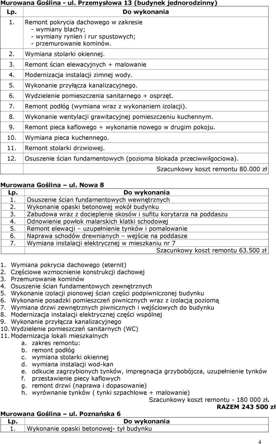 7. Remont podłóg (wymiana wraz z wykonaniem izolacji). 8. Wykonanie wentylacji grawitacyjnej pomieszczeniu kuchennym. 9. Remont pieca kaflowego + wykonanie nowego w drugim pokoju. 10.