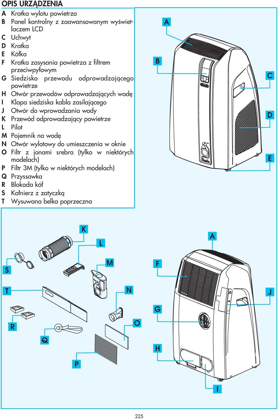 wprowadzania wody K Przewód odprowadzajàcy powietrze L Pilot M Pojemnik na wod N Otwór wylotowy do umieszczenia w oknie O Filtr z jonami srebra (tylko w