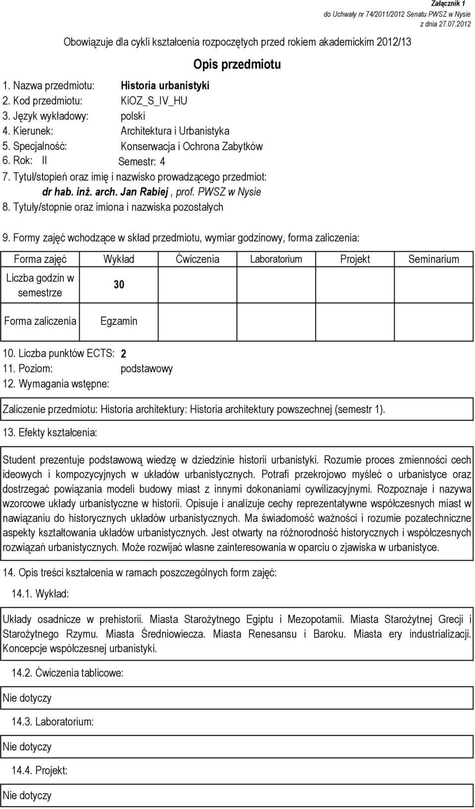 Tytuły/stopnie oraz imiona i nazwiska pozostałych Załącznik 1 do Uchwały nr 74/2011/2012 Senatu PWSZ w Nysie z dnia 27.07.