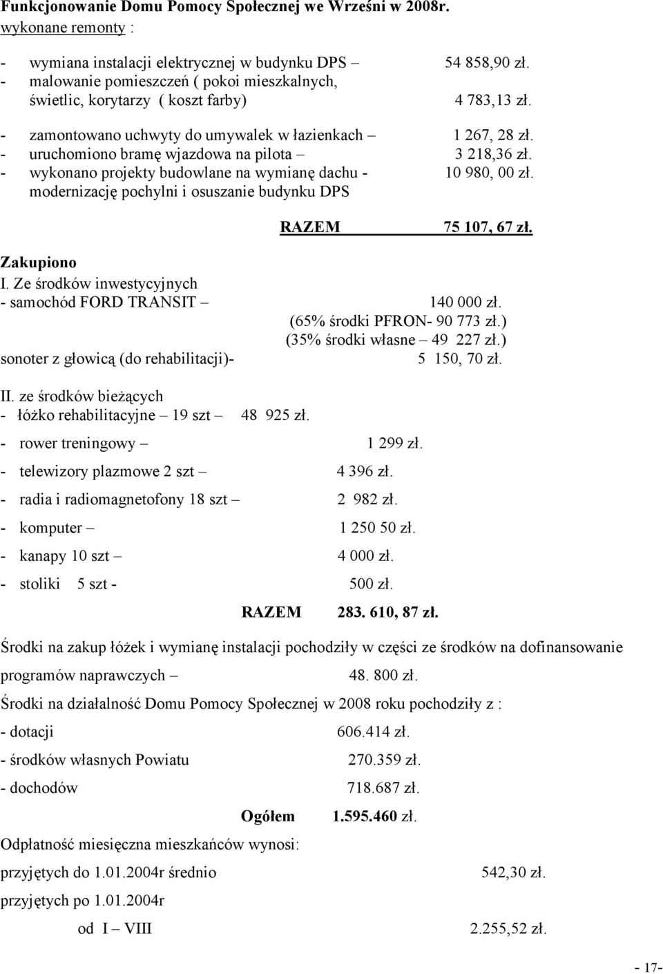 - uruchomiono bramę wjazdowa na pilota 3 218,36 zł. - wykonano projekty budowlane na wymianę dachu - 10 980, 00 zł. modernizację pochylni i osuszanie budynku DPS RAZEM 75 107, 67 zł. Zakupiono I.