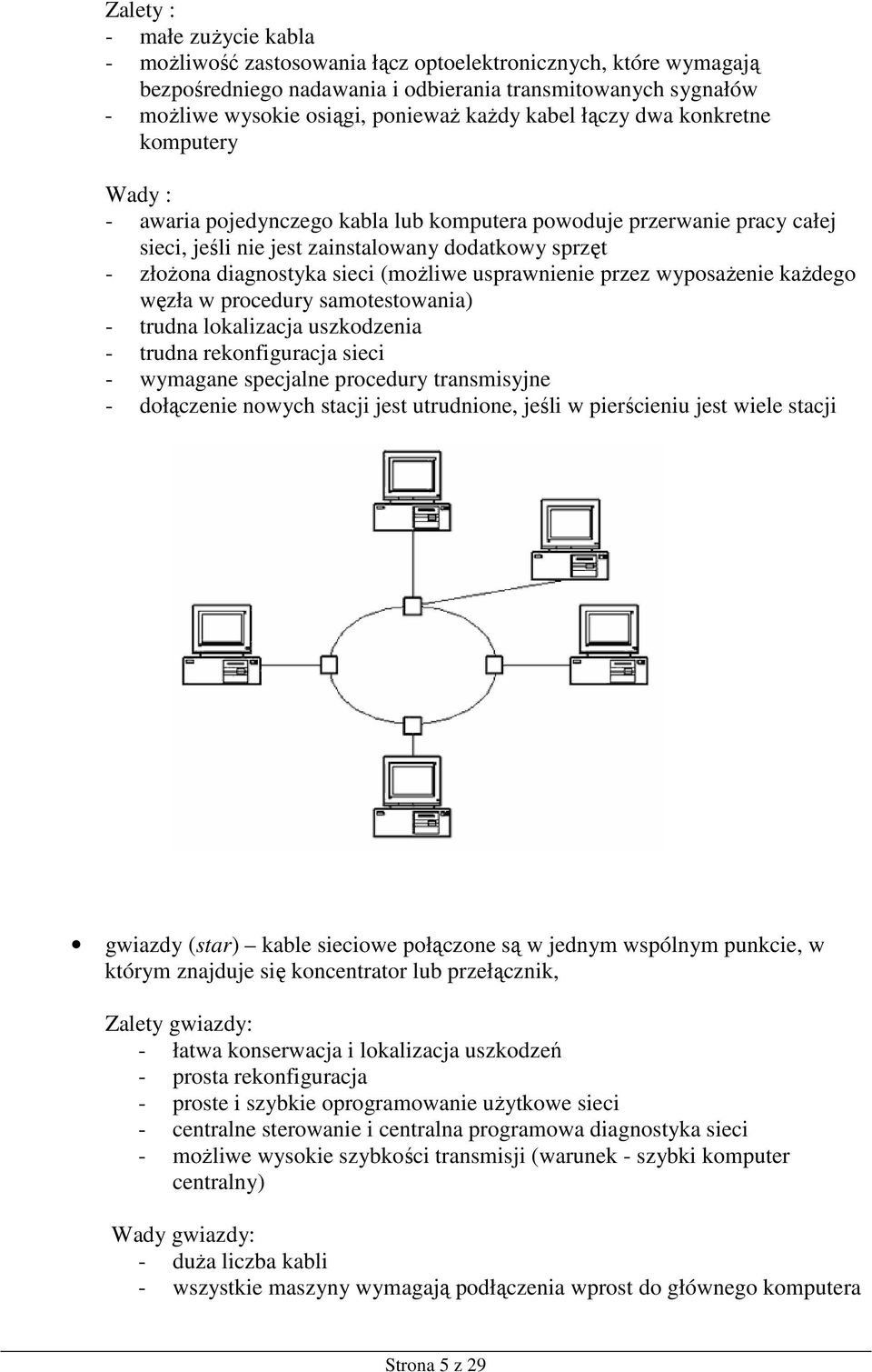 (moŝliwe usprawnienie przez wyposaŝenie kaŝdego węzła w procedury samotestowania) - trudna lokalizacja uszkodzenia - trudna rekonfiguracja sieci - wymagane specjalne procedury transmisyjne -