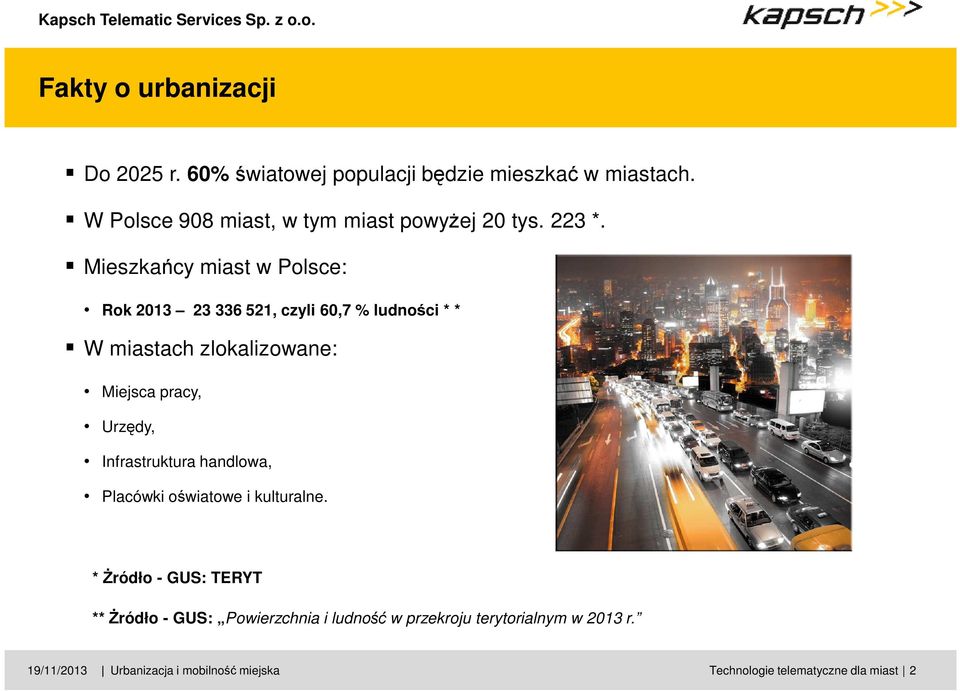 Mieszkańcy miast w Polsce: Rok 2013 23 336 521, czyli 60,7 % ludności * * W miastach zlokalizowane: Miejsca pracy,