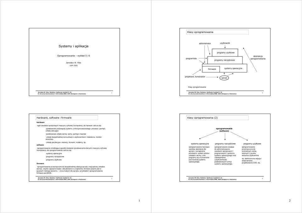 WSE, UAM (Kolegium w Kocianie) 1 II rok przyrodoznawstwa z informatyk WSE, UAM (Kolegium w Kocianie) 3 Hardware, software i firmware Klasy oprogramowania (2) hardware -ogół zasobów sprz towych
