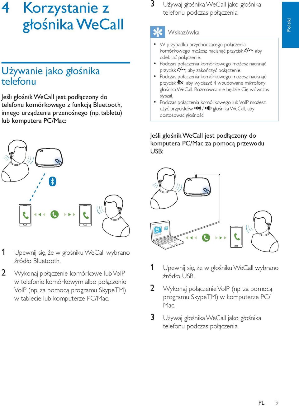 Wskazówka W przypadku przychodzącego połączenia komórkowego możesz nacisnąć przycisk, aby odebrać połączenie. Podczas połączenia komórkowego możesz nacisnąć przycisk, aby zakończyć połączenie.