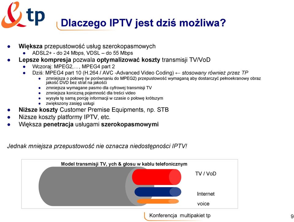 264 / AVC -Advanced Video Coding) stosowany również przez TP zmniejsza o połowę (w porównaniu do MPEG2) przepustowość wymaganą aby dostarczyć pełnoekranowy obraz jakość DVD bez strat na jakośći