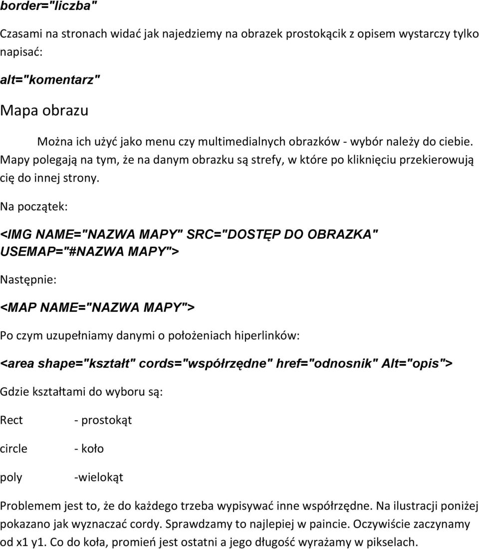 Na początek: <IMG NAME="NAZWA MAPY" SRC="DOSTĘP DO OBRAZKA" USEMAP="#NAZWA MAPY"> Następnie: <MAP NAME="NAZWA MAPY"> Po czym uzupełniamy danymi o położeniach hiperlinków: <area shape="kształt"