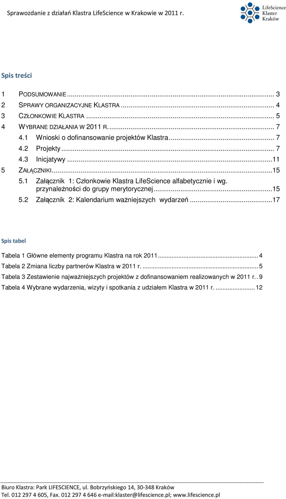 ..17 Spis tabel Tabela 1 Główne elementy programu Klastra na rok 2011... 4 Tabela 2 Zmiana liczby partnerów Klastra w 2011 r.