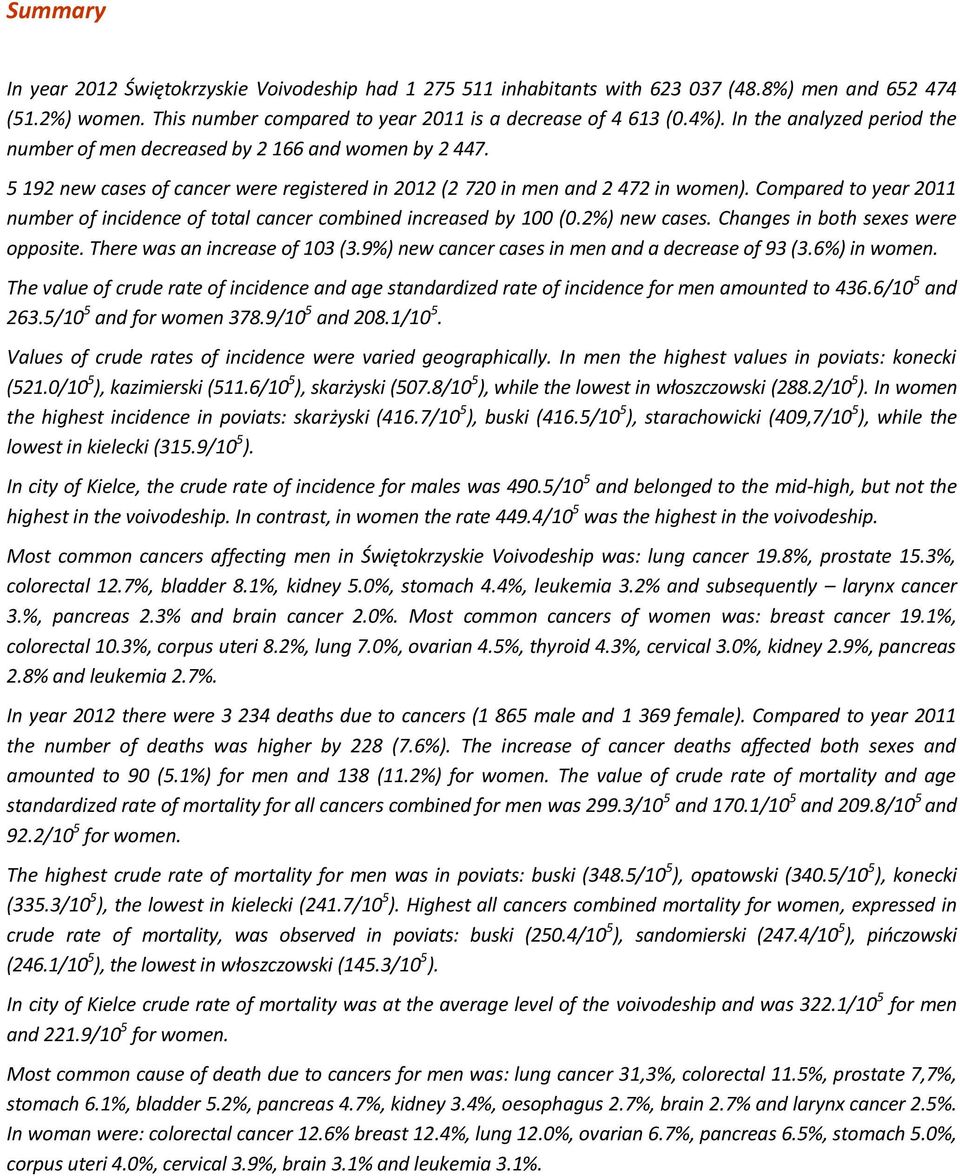 Compared to year 2011 number of incidence of total cancer combined increased by 100 (0.2%) new cases. Changes in both sexes were opposite. There was an increase of 103 (3.