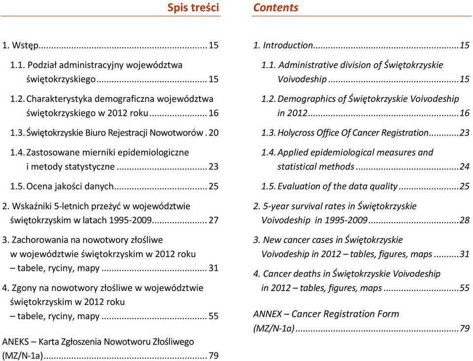 Wskaźniki 5-letnich przeżyć w województwie świętokrzyskim w latach 1995-2009... 27 3. Zachorowania na nowotwory złośliwe w województwie świętokrzyskim w 2012 roku tabele, ryciny, mapy... 31 4.