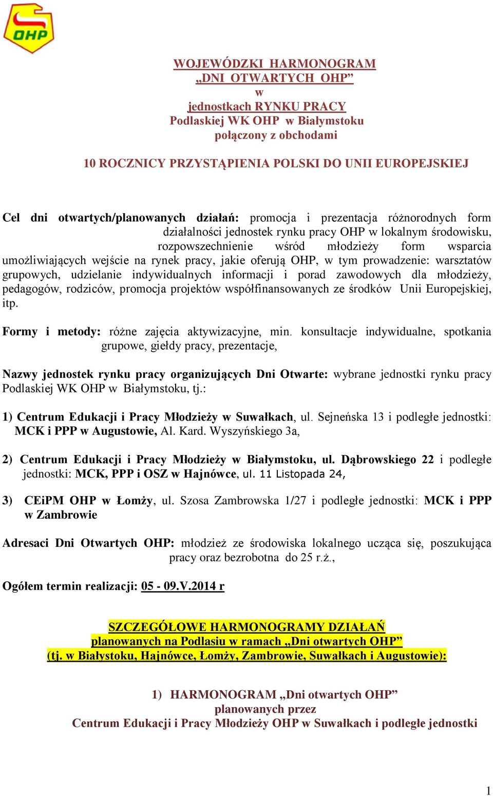 rynek, jakie oferują OHP, w tym prowadzenie: warsztatów grupowych, udzielanie indywidualnych informacji i porad ch dla y, pedagogów, rodziców, promocja projektów współfinansowanych ze środków Unii