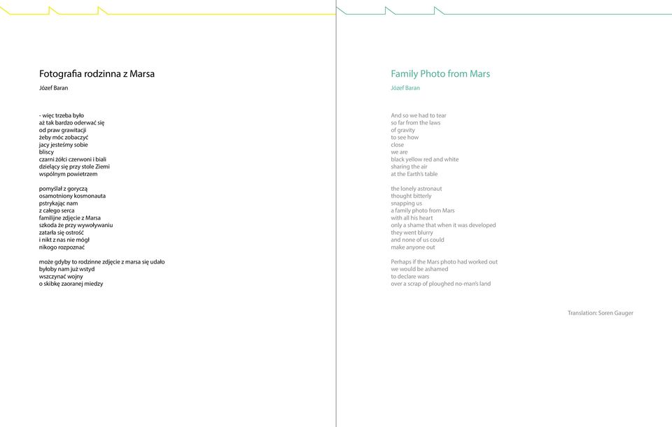 się ostrość i nikt z nas nie mógł nikogo rozpoznać może gdyby to rodzinne zdjęcie z marsa się udało byłoby nam już wstyd wszczynać wojny o skibkę zaoranej miedzy And so we had to tear so far from the