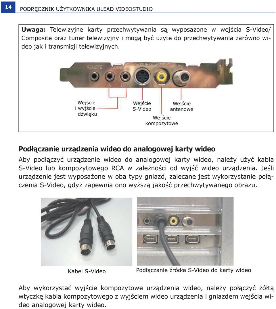 Podłączanie urządzenia wideo do analogowej karty wideo Aby podłączyć urządzenie wideo do analogowej karty wideo, należy użyć kabla S-Video lub kompozytowego RCA w zależności od wyjść wideo