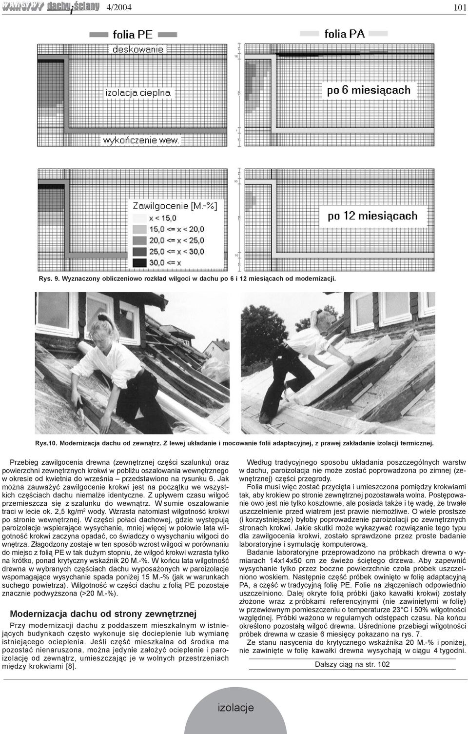 Przebieg zawilgocenia drewna (zewnętrznej części szalunku) oraz powierzchni zewnętrznych krokwi w pobliżu oszalowania wewnętrznego w okresie od kwietnia do września przedstawiono na rysunku 6.