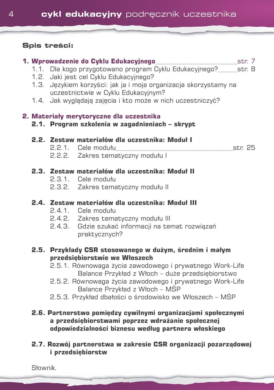 Materiały merytoryczne dla uczestnika 2.1. Program szkolenia w zagadnieniach skrypt 2.2. Zestaw materiałów dla uczestnika: Moduł I 2.2.1. Cele modułu str. 25 2.2.2. Zakres tematyczny modułu I 2.3.