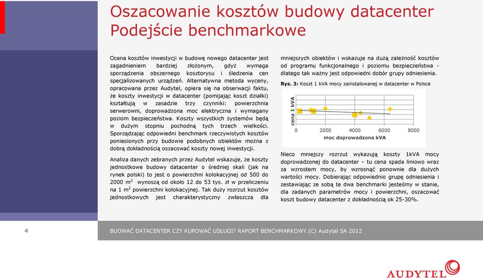 Alternatywna metoda wyceny, opracowana przez Audytel, opiera się na obserwacji faktu, że koszty inwestycji w datacenter (pomijając koszt działki) kształtują w zasadzie trzy czynniki: powierzchnia