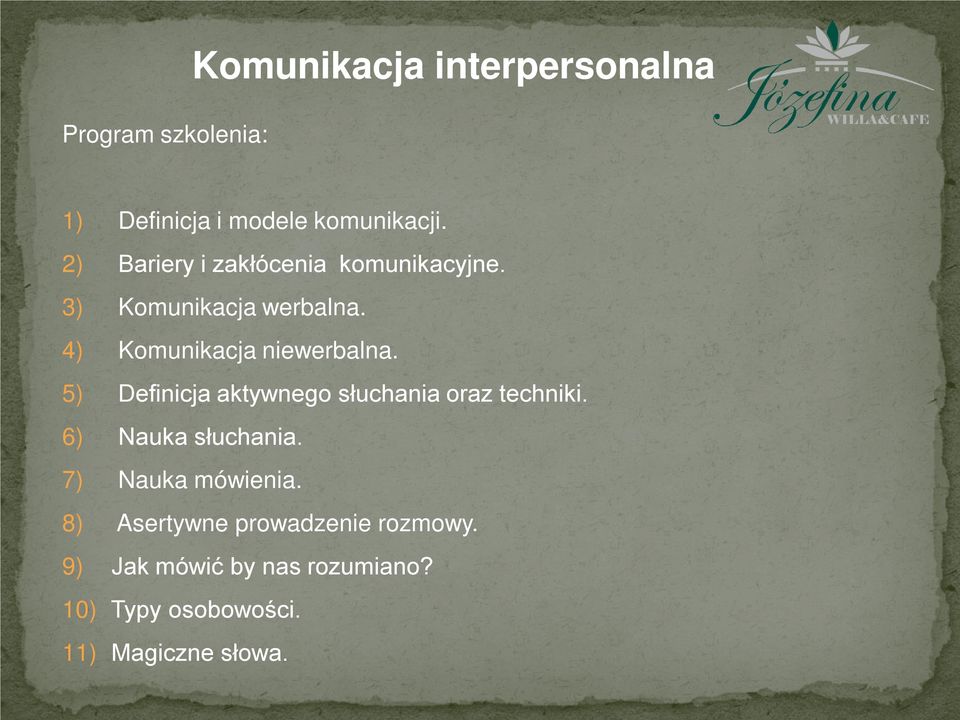 5) Definicja aktywnego słuchania oraz techniki. 6) Nauka słuchania. 7) Nauka mówienia.