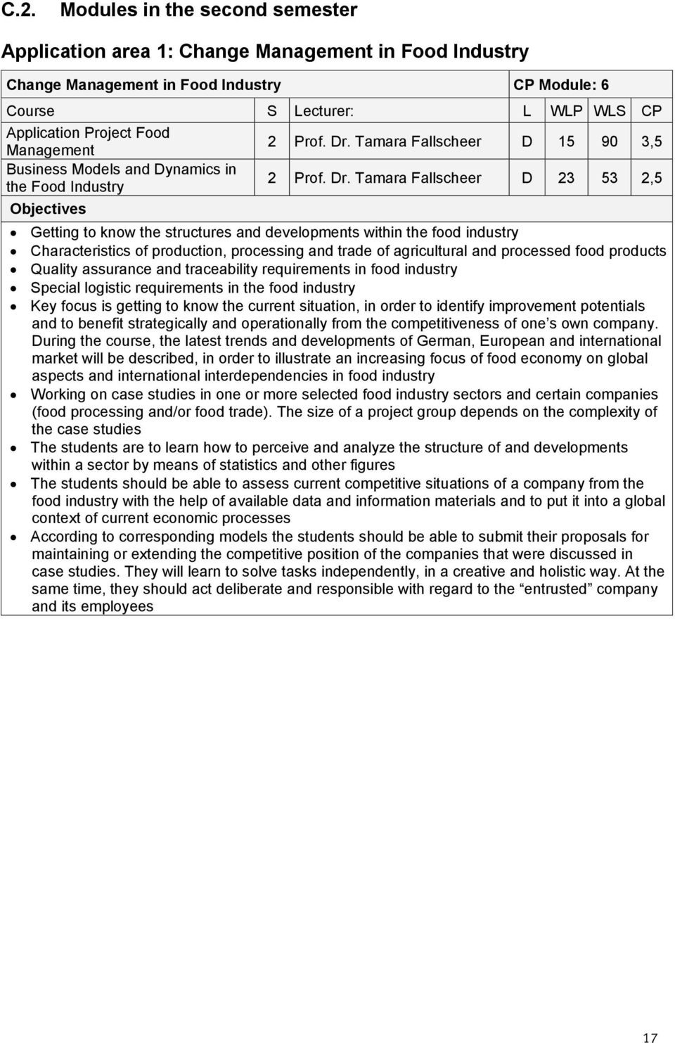 Tamara Fallscheer D 15 90 3,5 Business Models and Dynamics in the Food Industry 2 Prof. Dr.