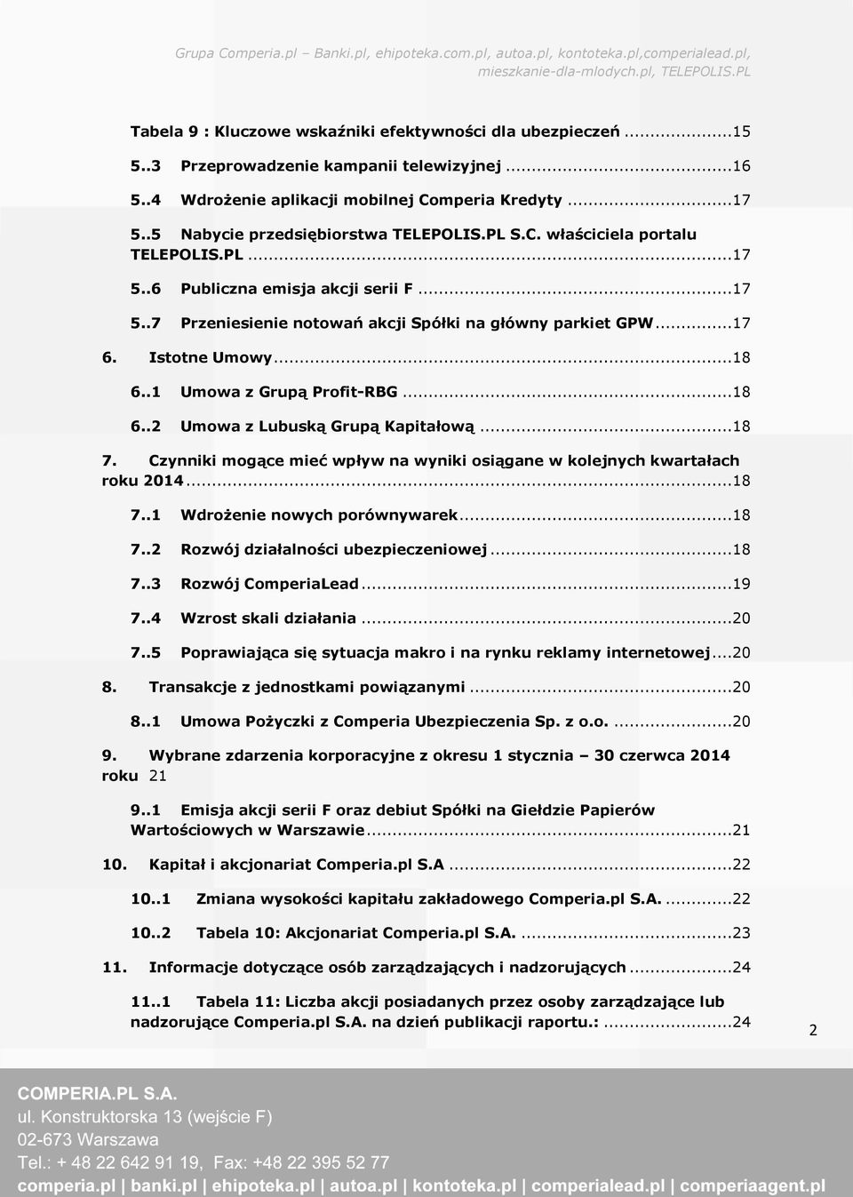 Istotne Umowy...18 6..1 Umowa z Grupą Profit-RBG...18 6..2 Umowa z Lubuską Grupą Kapitałową...18 7. Czynniki mogące mieć wpływ na wyniki osiągane w kolejnych kwartałach roku 2014...18 7..1 Wdrożenie nowych porównywarek.