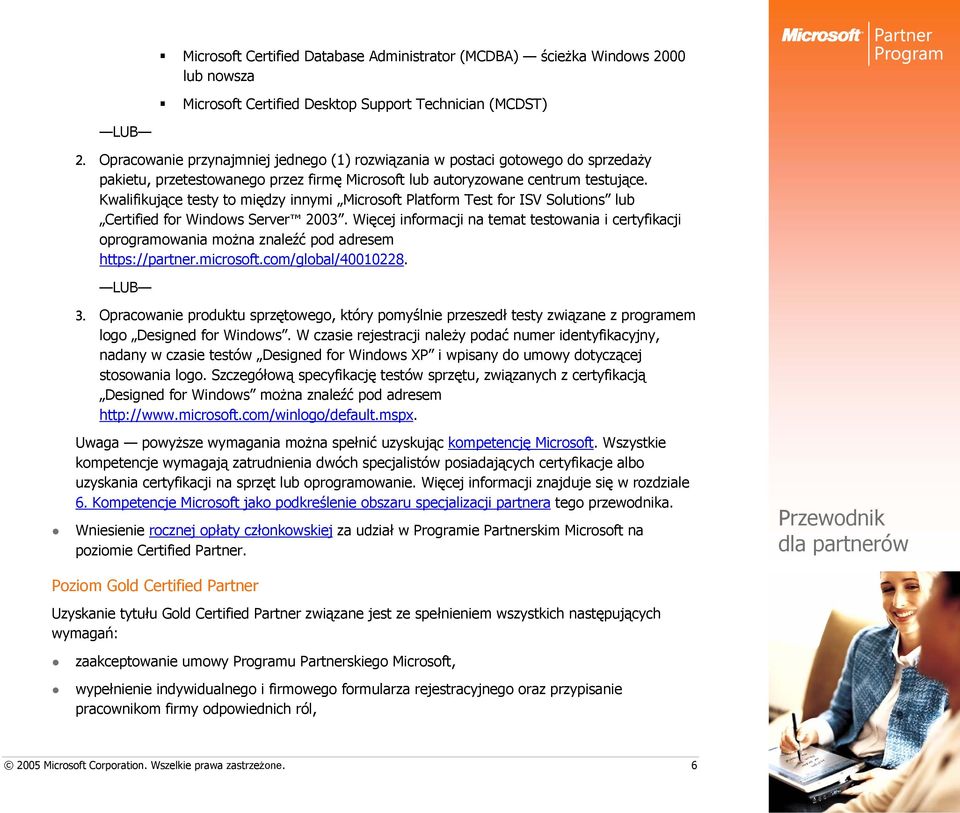 Kwalifikujące testy to między innymi Microsoft Platform Test for ISV Solutions lub Certified for Windows Server 2003.