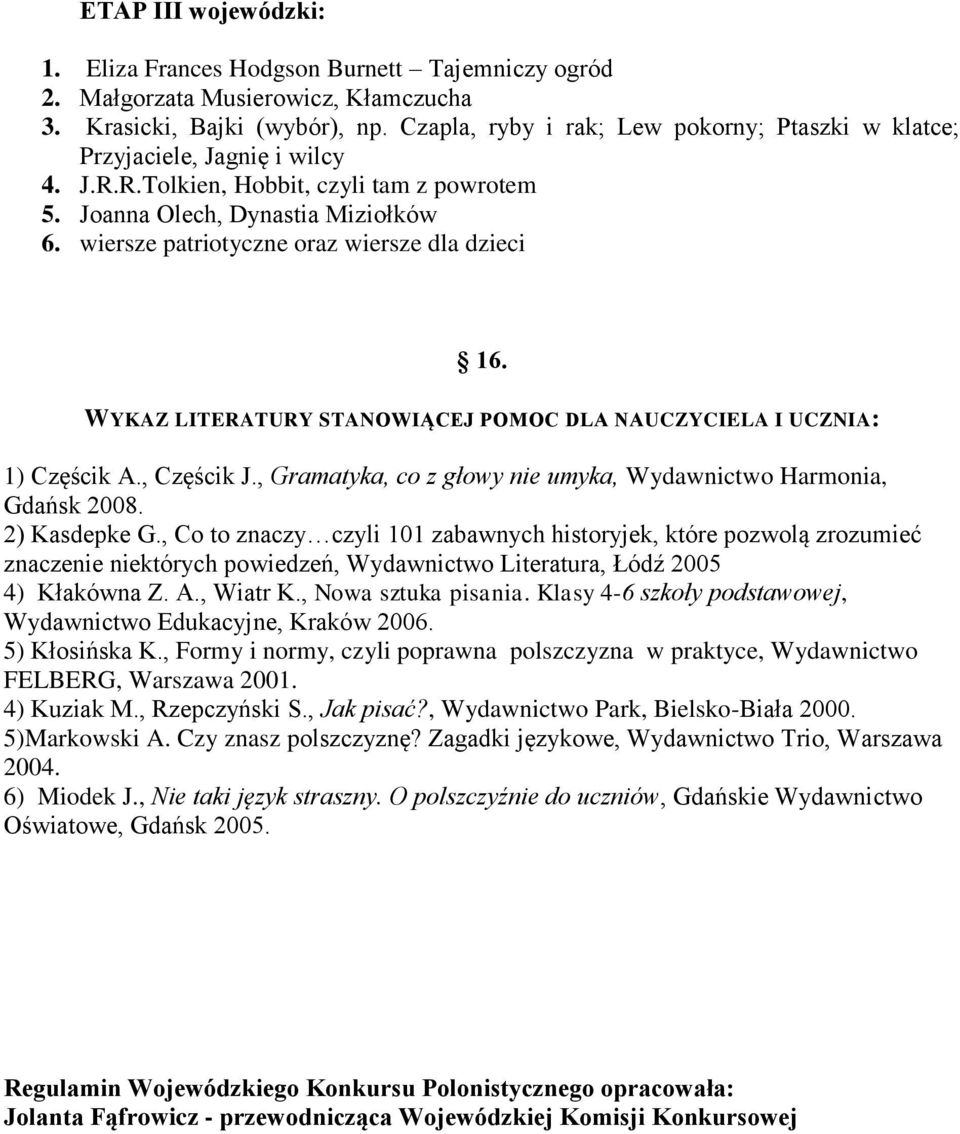 wiersze patriotyczne oraz wiersze dla dzieci 16. WYKAZ LITERATURY STANOWIĄCEJ POMOC DLA NAUCZYCIELA I UCZNIA: 1) Częścik A., Częścik J.