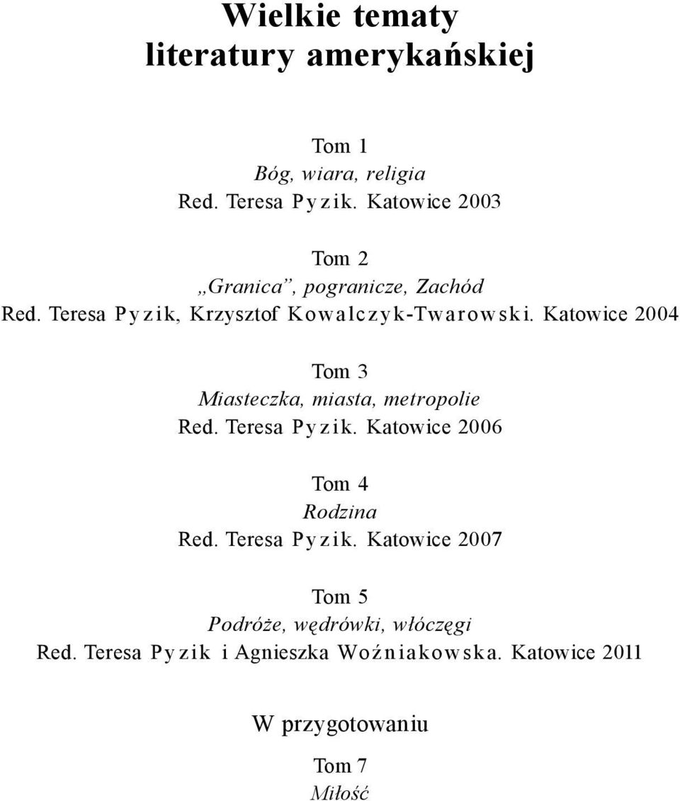 Katowice 2004 Tom 3 Miasteczka, miasta, metropolie Red. Teresa Pyzik. Katowice 2006 Tom 4 Rodzina Red.