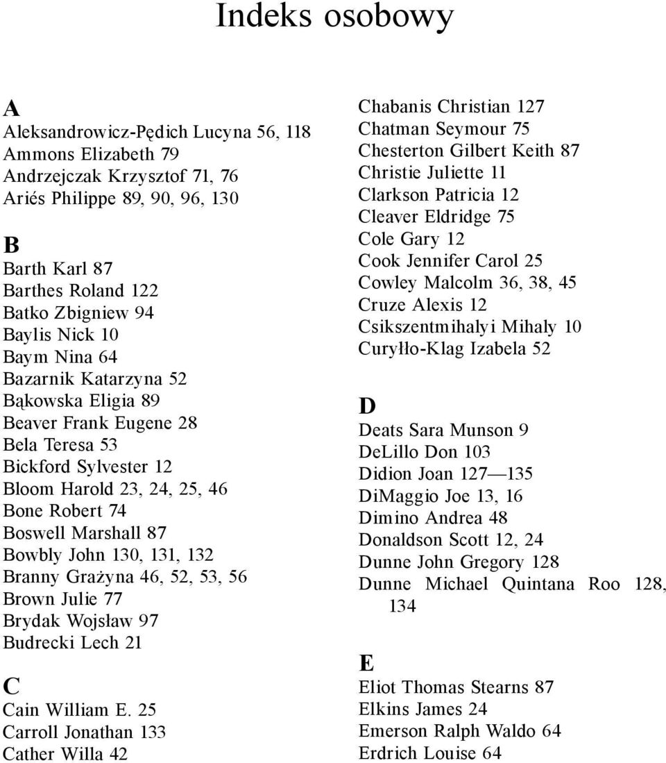 Marshall 87 Bowbly John 130, 131, 132 Branny Grażyna 46, 52, 53, 56 Brown Julie 77 Brydak Wojsław 97 Budrecki Lech 21 C Cain William E.