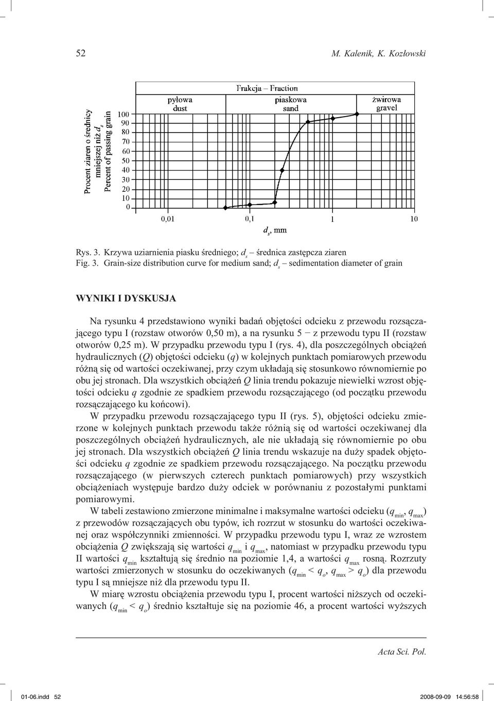 Grain-size distribution curve for medium sand; d s sedimentation diameter of grain WYNIKI I DYSKUSJA Na rysunku 4 przedstawiono wyniki badań objętości odcieku z przewodu rozsączającego typu I