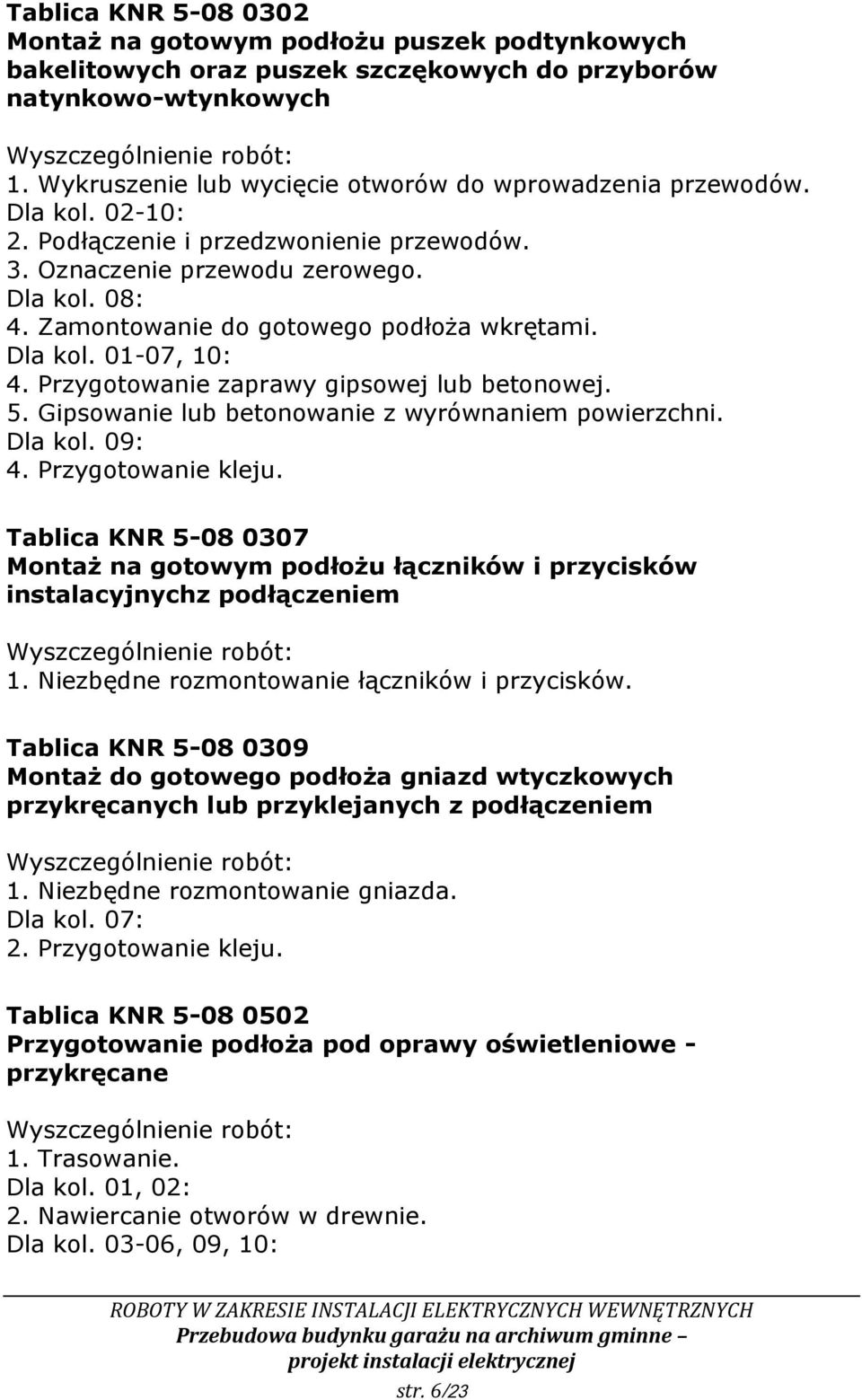 Zamontowanie do gotowego podłoża wkrętami. Dla kol. 01-07, 10: 4. Przygotowanie zaprawy gipsowej lub betonowej. 5. Gipsowanie lub betonowanie z wyrównaniem powierzchni. Dla kol. 09: 4.