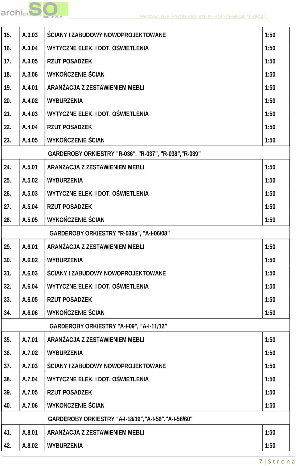 A.5.03 WYTYCZNE ELEK. I DOT. OŚWIETLENIA 27. A.5.04 RZUT POSADZEK 28. A.5.05 WYKOŃCZENIE ŚCIAN GARDEROBY ORKIESTRY "R-039a", "A-I-06/08" 29. A.6.01 ARANŻACJA Z ZESTAWIENIEM MEBLI 30. A.6.02 WYBURZENIA 31.