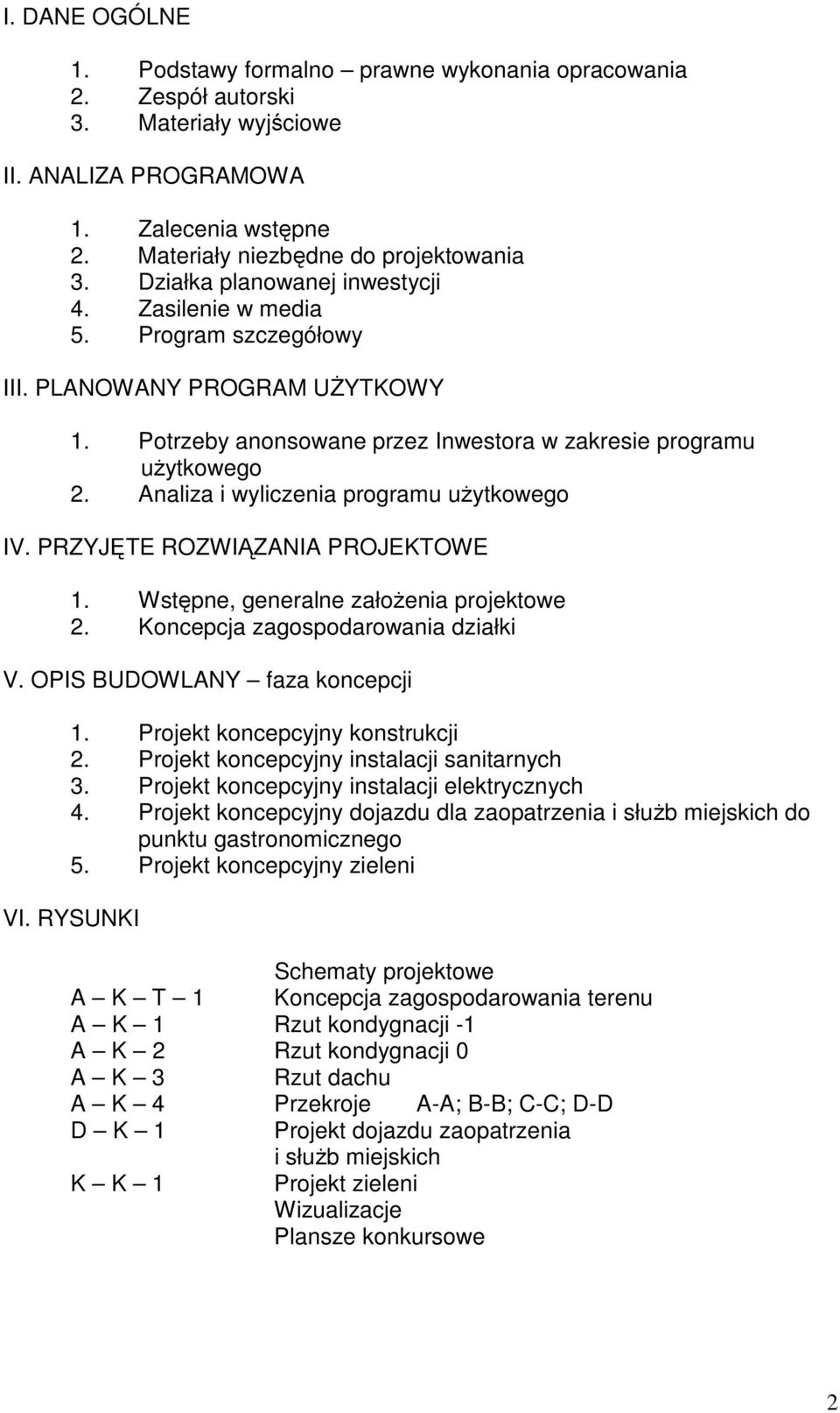 Analiza i wyliczenia programu użytkowego IV. PRZYJĘTE ROZWIĄZANIA PROJEKTOWE 1. Wstępne, generalne założenia projektowe 2. Koncepcja zagospodarowania działki V. OPIS BUDOWLANY faza koncepcji 1.