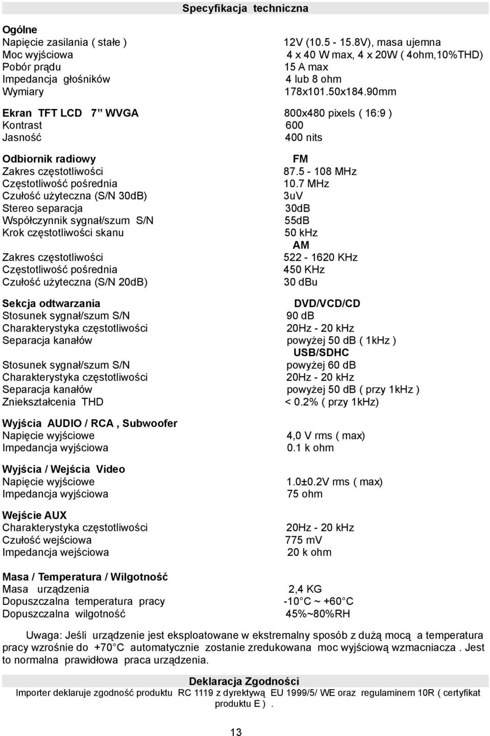 90mm Ekran TFT LCD 7 WVGA Kontrast Jasność 800x480 pixels ( 16:9 ) 600 400 nits Odbiornik radiowy Zakres częstotliwości Częstotliwość pośrednia Czułość użyteczna (S/N 30dB) Stereo separacja