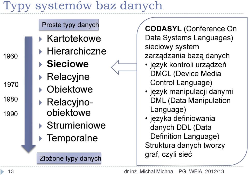 zarządzania bazą danych język kontroli urządzeń DMCL (Device Media Control Language) język manipulacji danymi DML (Data Manipulation