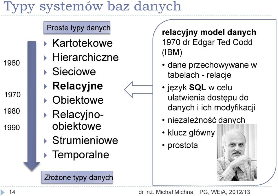 Codd (IBM) dane przechowywane w tabelach - relacje język SQL w celu ułatwienia dostępu do danych i ich