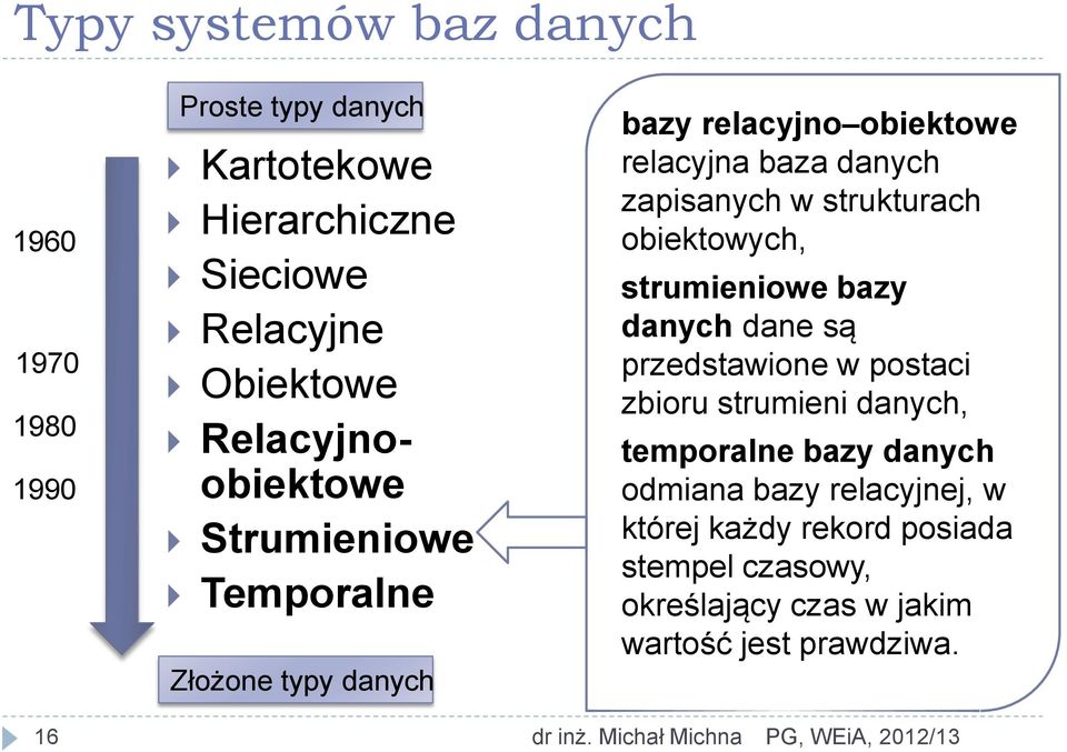 strukturach obiektowych, strumieniowe bazy danych dane są przedstawione w postaci zbioru strumieni danych, temporalne bazy danych