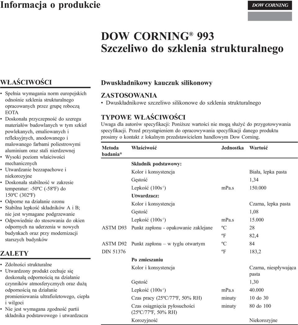 poziom wba[ciwo[ci mechanicznych " Utwardzanie bezzapachowe i niekorozyjne " oskonaba stabilno[ w zakresie temperatur: -50º (-58ºF) do 150º (0ºF) " Odporne na dziabanie ozonu " Stabilna lepko[