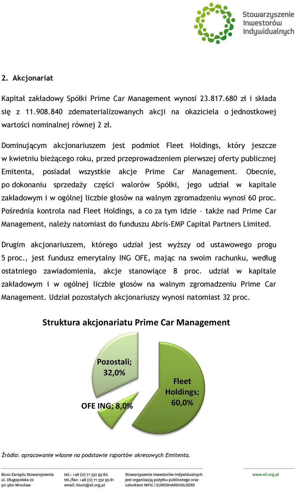 Management. Obecnie, po dokonaniu sprzedaży części walorów Spółki, jego udział w kapitale zakładowym i w ogólnej liczbie głosów na walnym zgromadzeniu wynosi 60 proc.