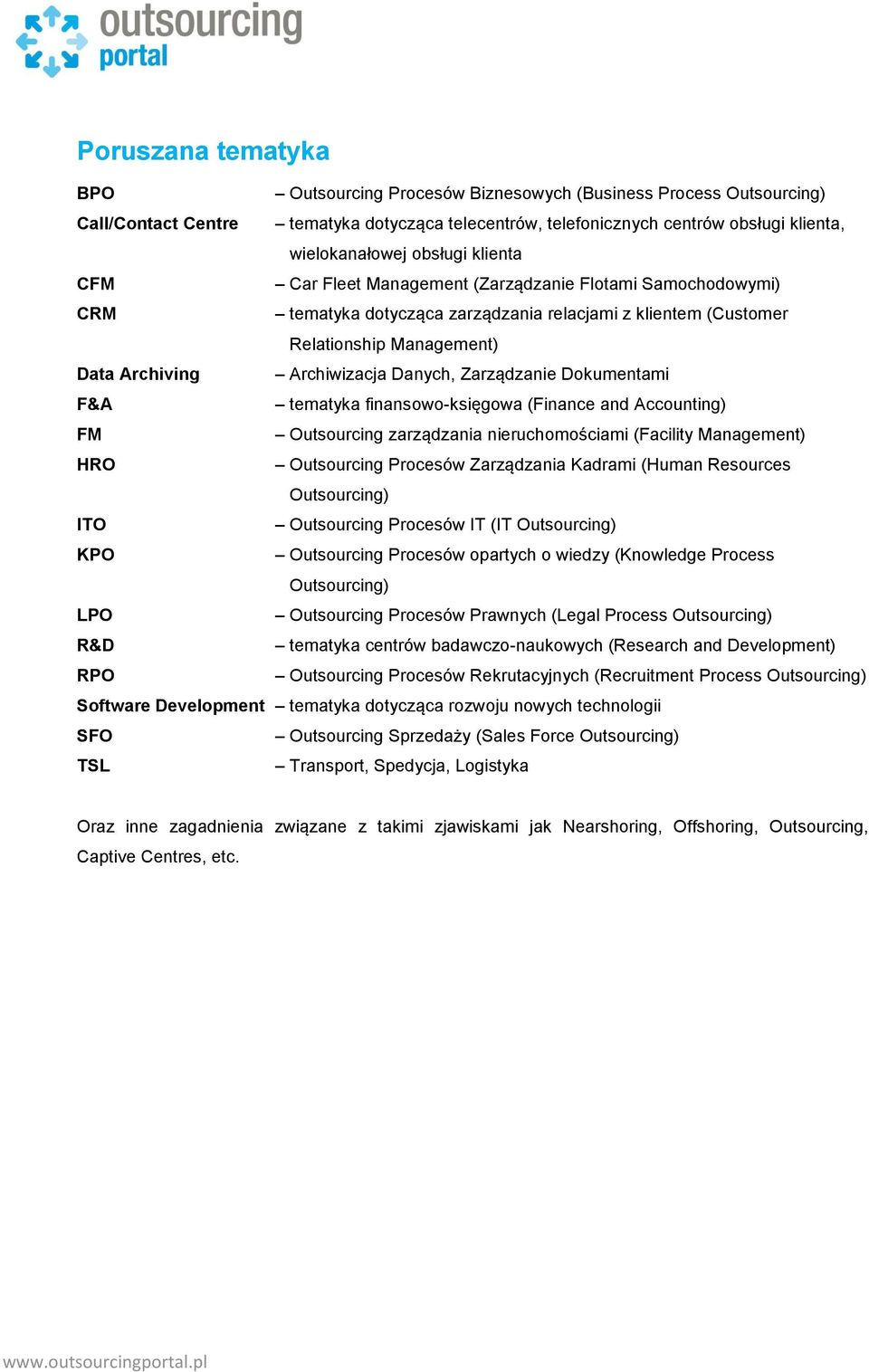 Danych, Zarządzanie Dokumentami F&A tematyka finansowo-księgowa (Finance and Accounting) FM Outsourcing zarządzania nieruchomościami (Facility Management) HRO Outsourcing Procesów Zarządzania Kadrami