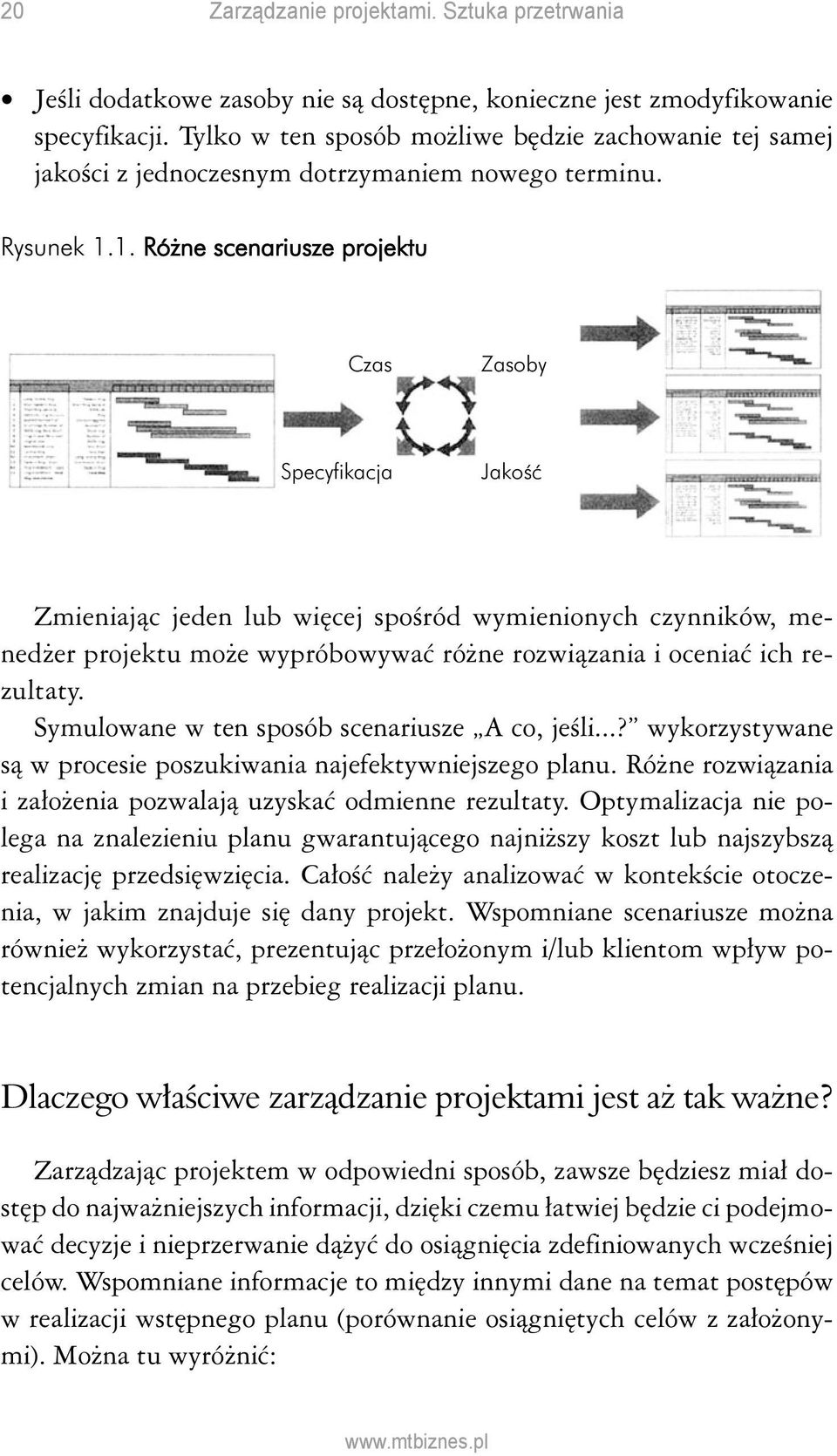 1. Różne scenariusze projektu Czas Zasoby Specyfikacja Jakość Zmieniając jeden lub więcej spośród wymienionych czynników, menedżer projektu może wypróbowywać różne rozwiązania i oceniać ich rezultaty.