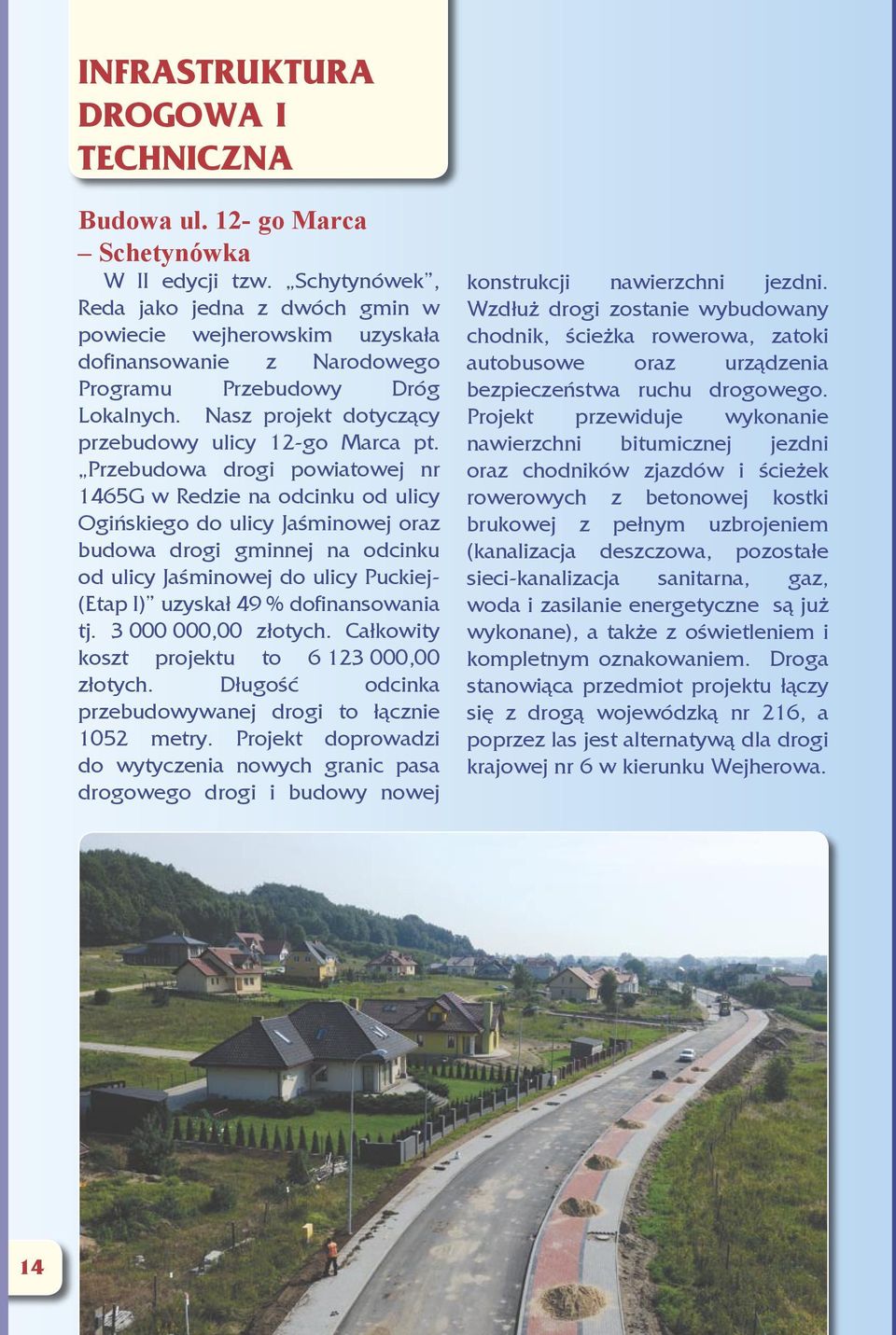 Przebudowa drogi powiatowej nr 1465G w Redzie na odcinku od ulicy Ogińskiego do ulicy Jaśminowej oraz budowa drogi gminnej na odcinku od ulicy Jaśminowej do ulicy Puckiej- (Etap I) uzyskał 49 %